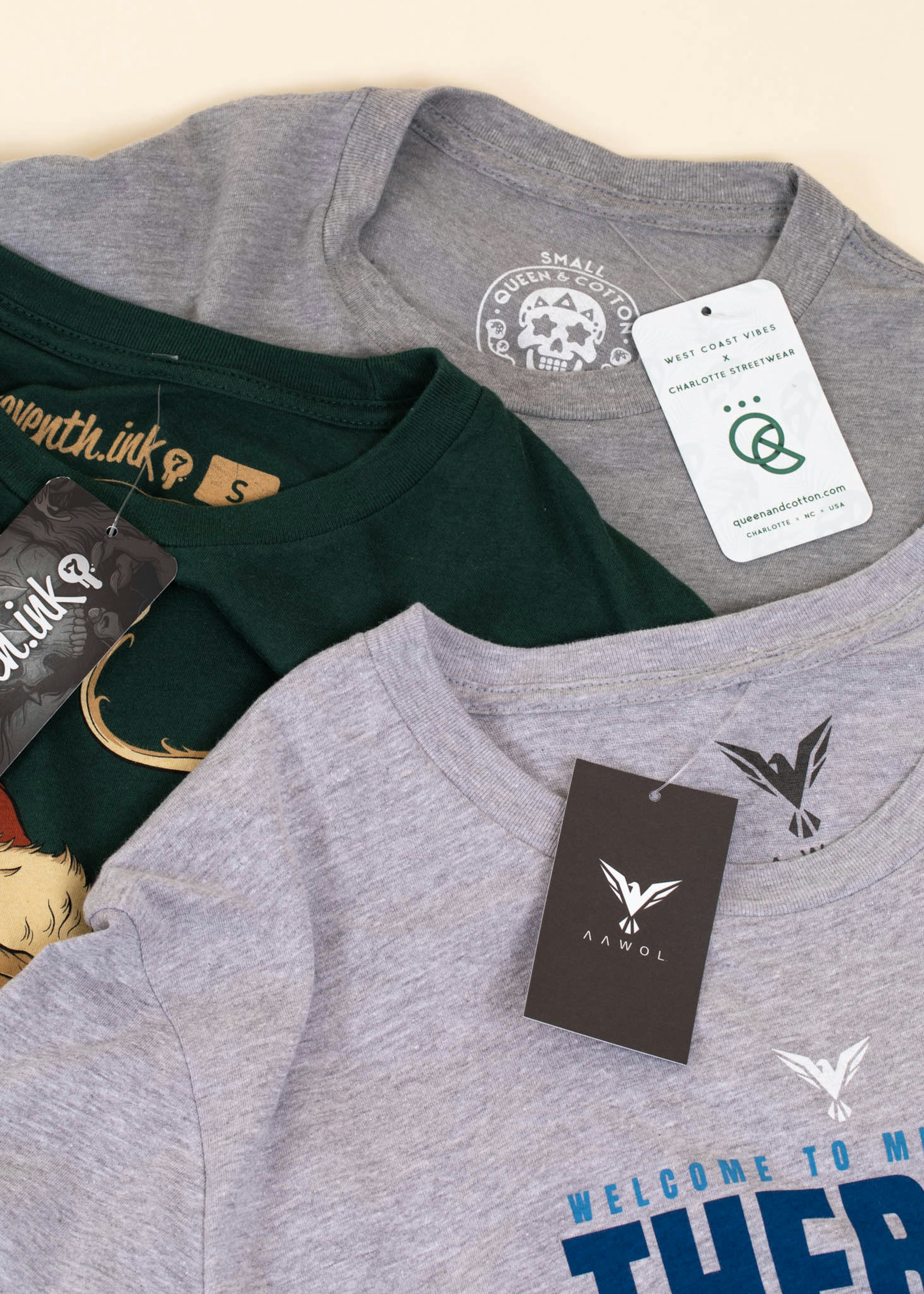 Hang tags and printed tags on a variety of garments