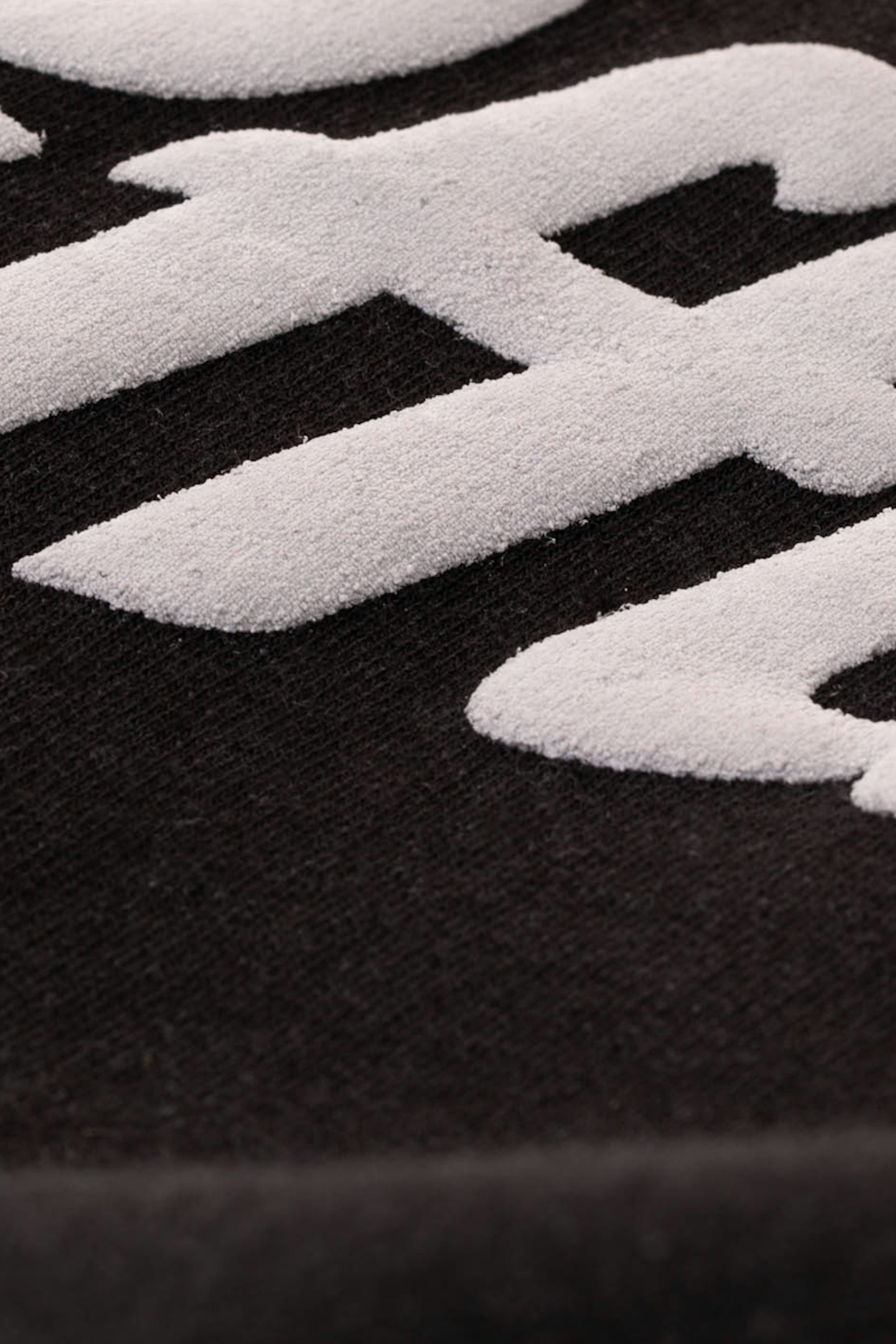 close up a black sweatshirt with white puff print