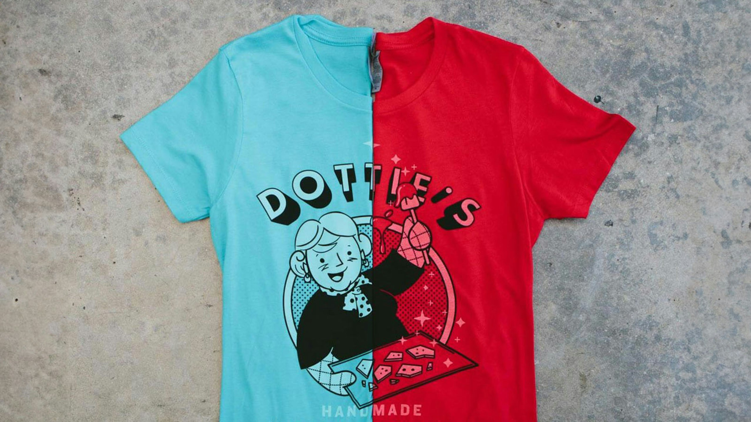 half of a blue t-shirt next to a half of a red t-shirt