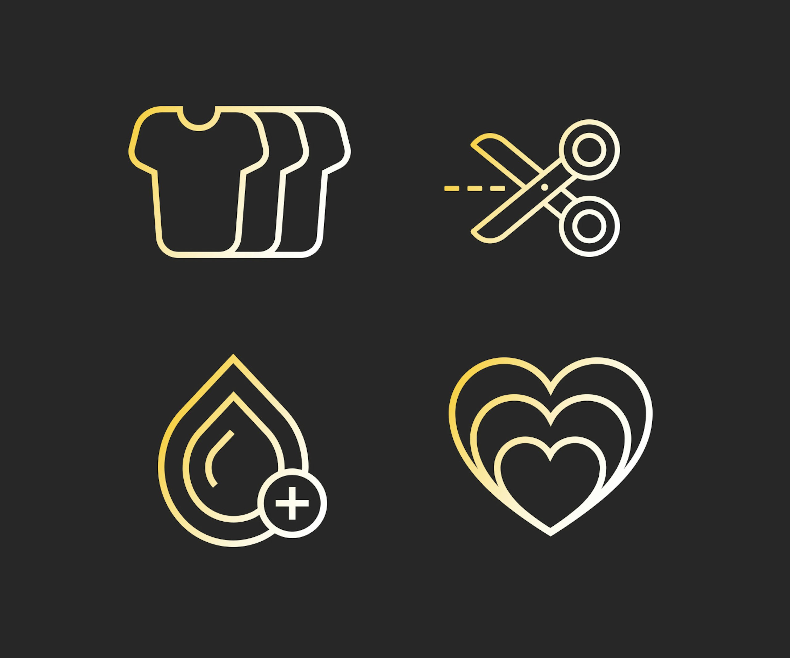 yellow and white icons of t-shirts, scissors, ink drop, and hearts