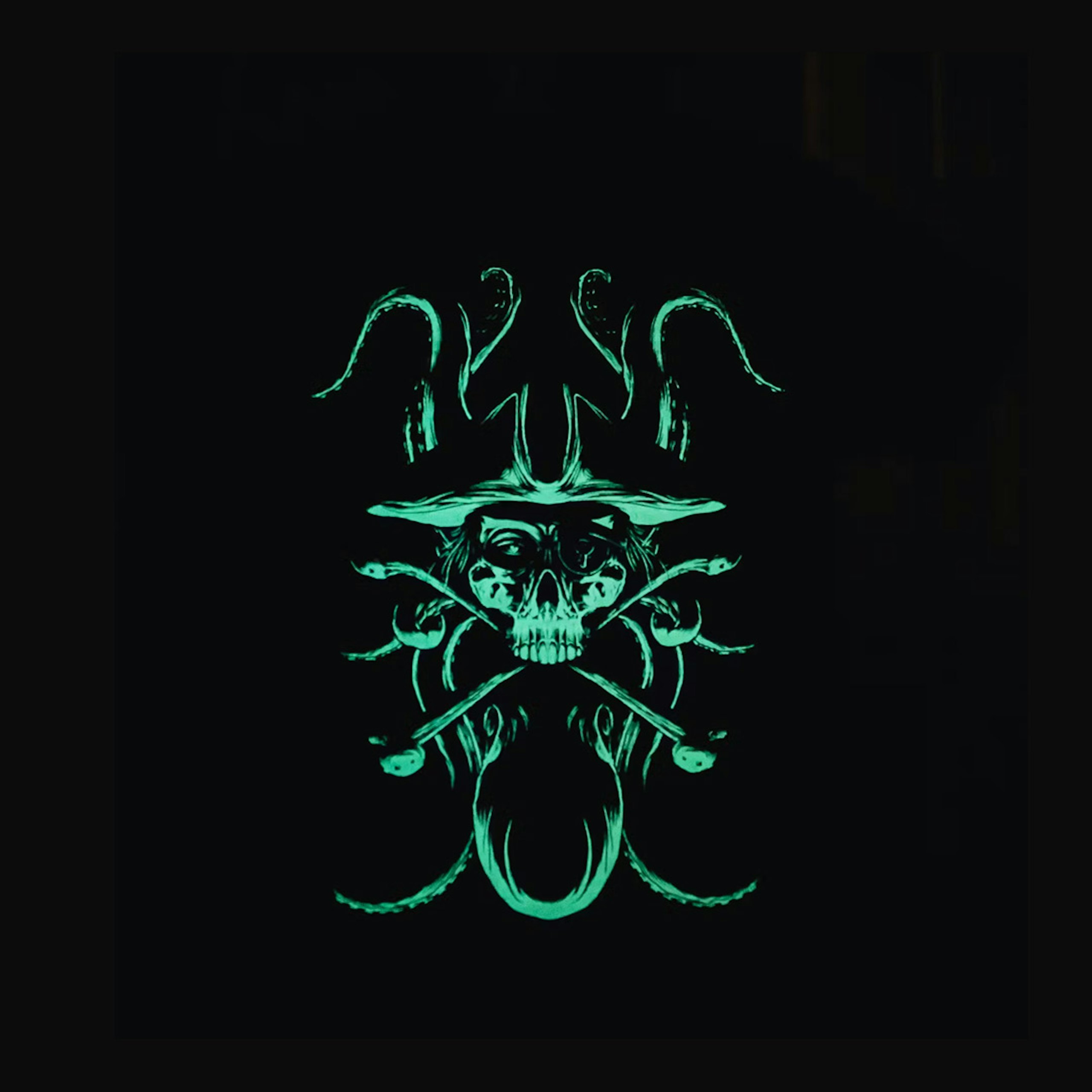 Glow-in-the-dark black t-shirt showing the glow-in-the-dark ink