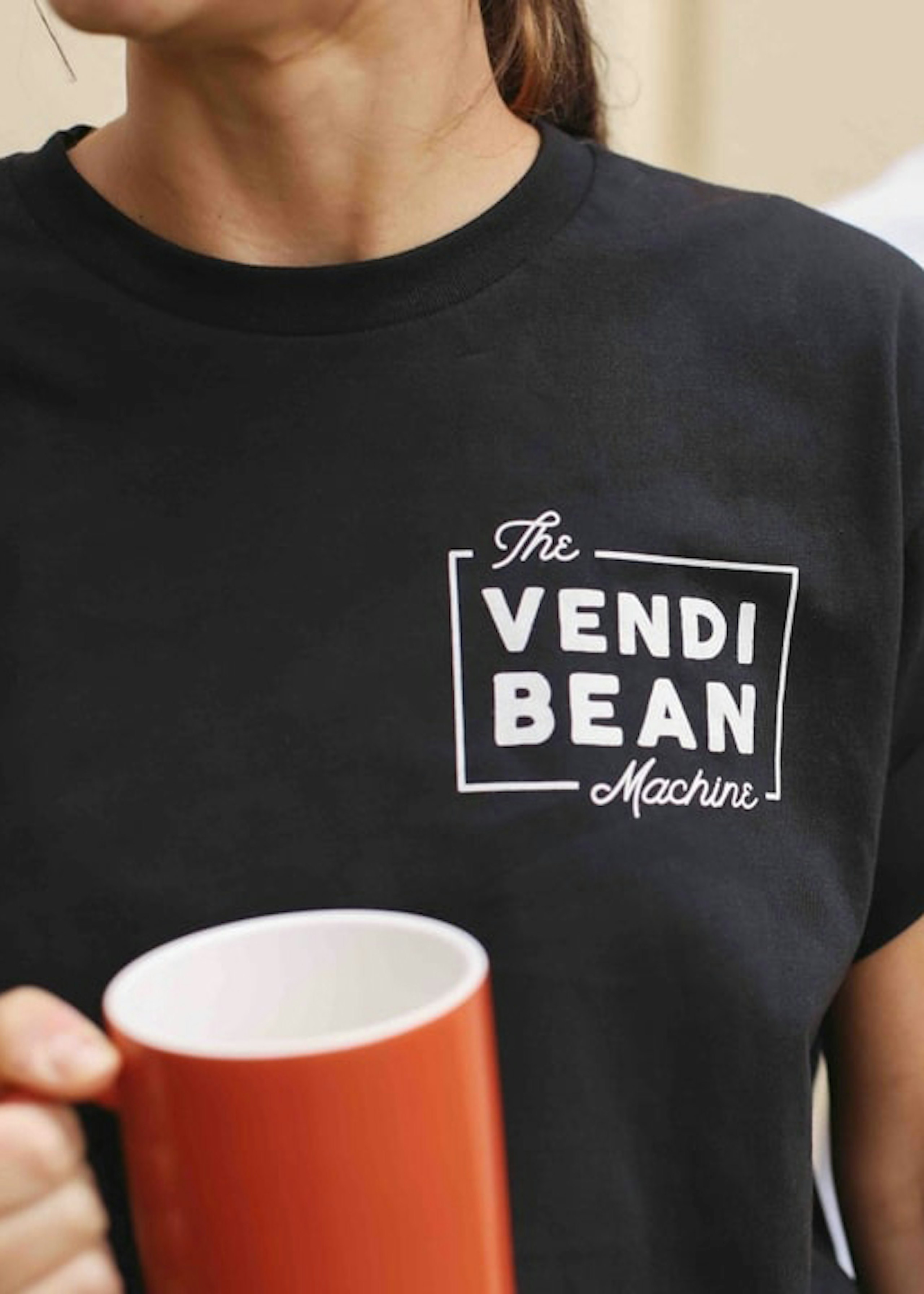 close-up of a left chest print on a black t-shirts